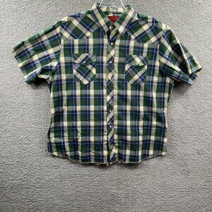 Rustler Mens Western Shirt Extra Large‎ Green Blue Plaid X-Long Tails Pearl Snap